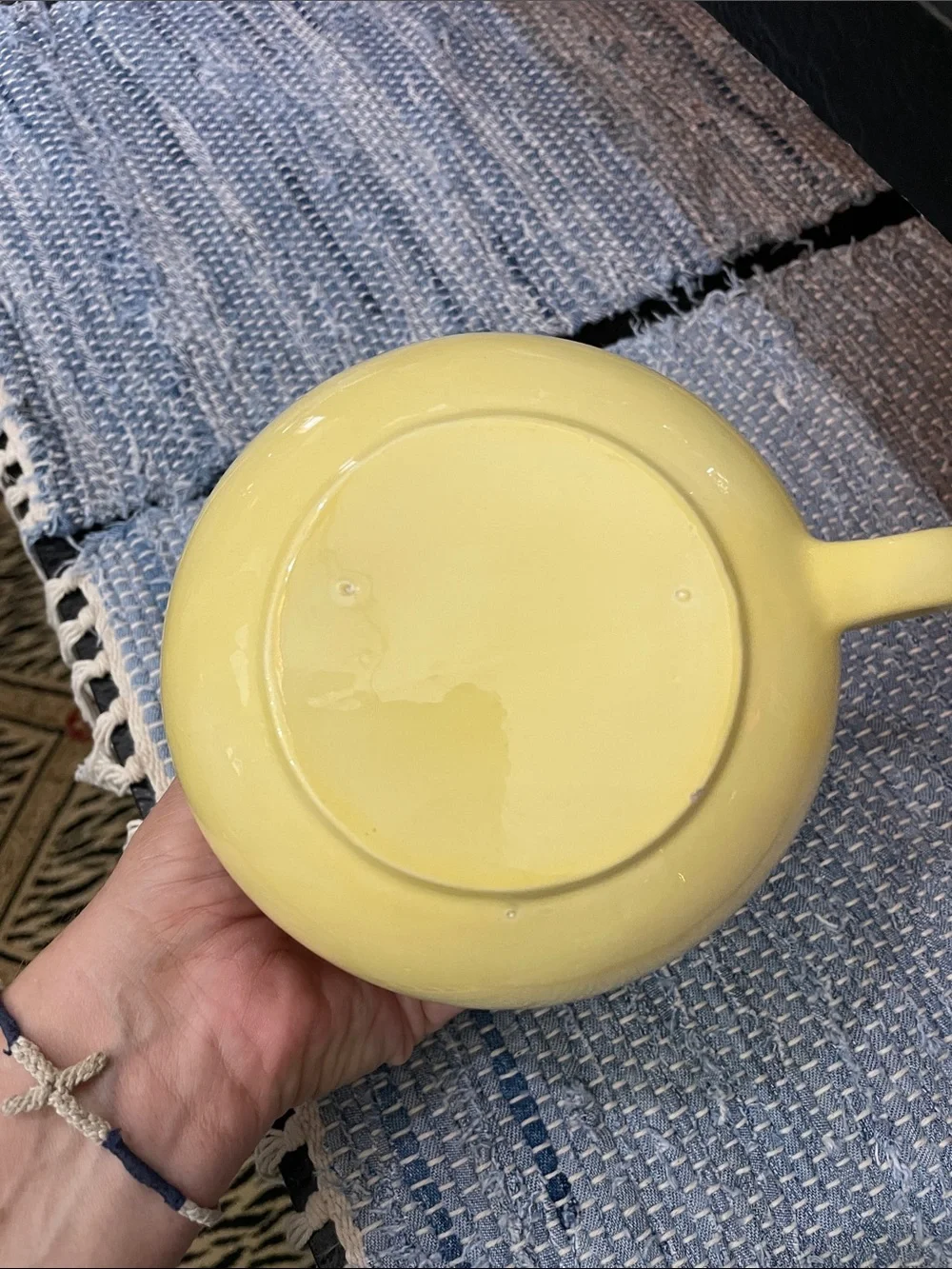 Yellow Ceramic Pitcher. Glossy, Round 5x5. No cracks. One tiny chip on bottom